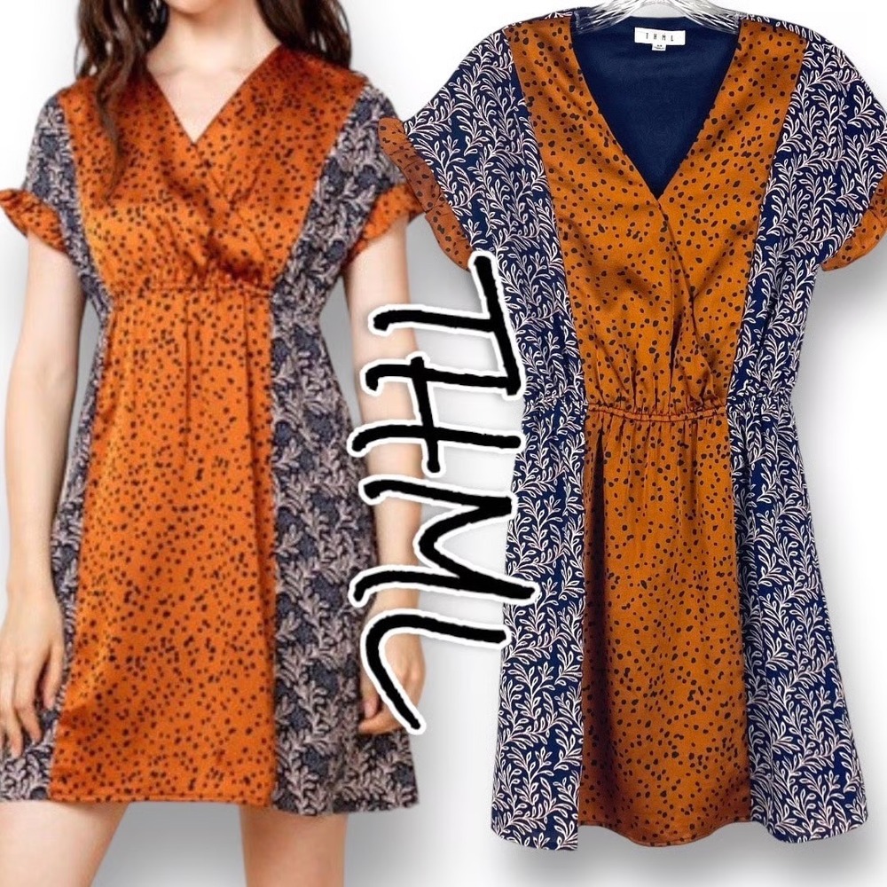 THML Shake It Up Faux Wrap Dress Women's L Orange Black Feminine Boho Dainty NWT